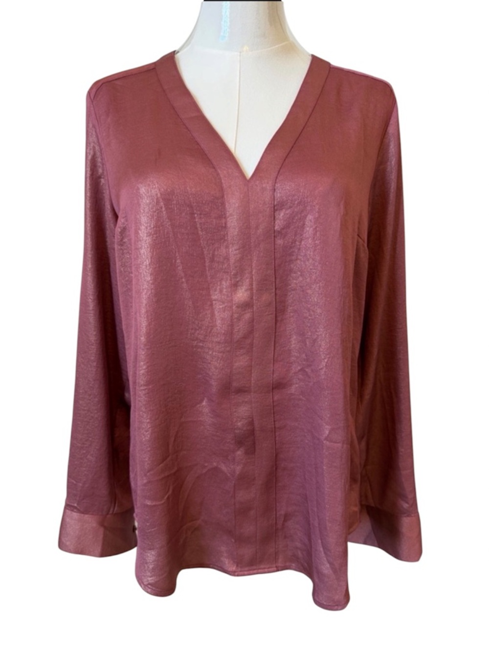 Express Iridescent V-Neck Blouse - Mauve Rose Roll-tab Sleeves Size M